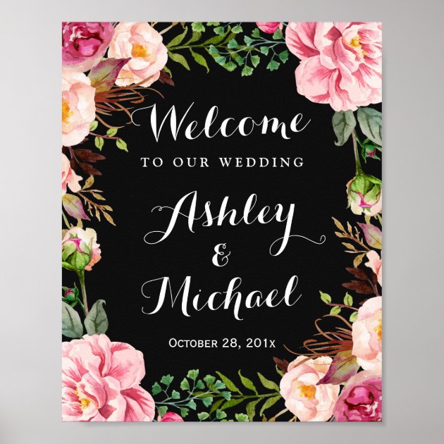 Romantic Pink Floral Wreath Classy Wedding Sign Poster