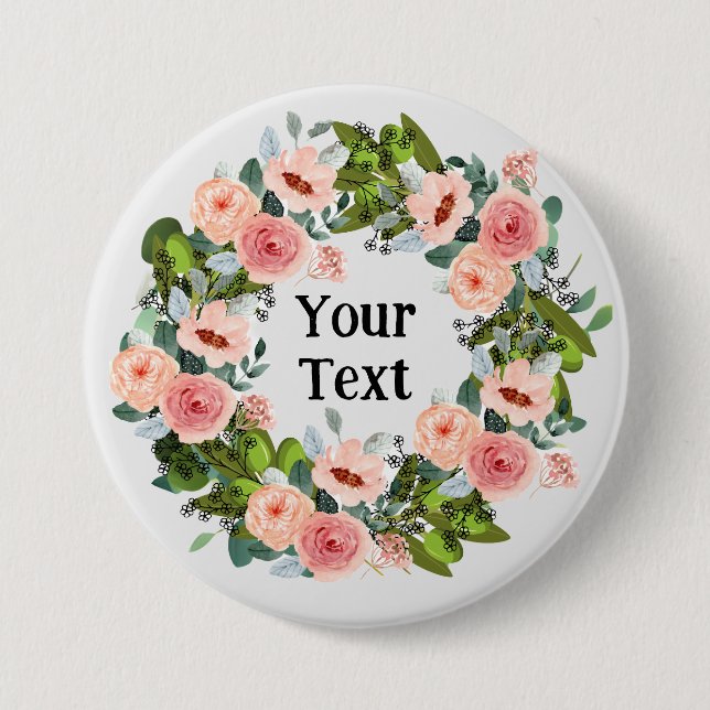 Romantic Pink Floral Wreath Lapel Embrace Button (Front)