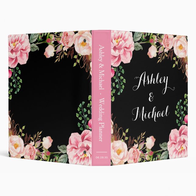 Romantic Pink Floral Wreath Wedding Planner 3 Ring Binder (Background)