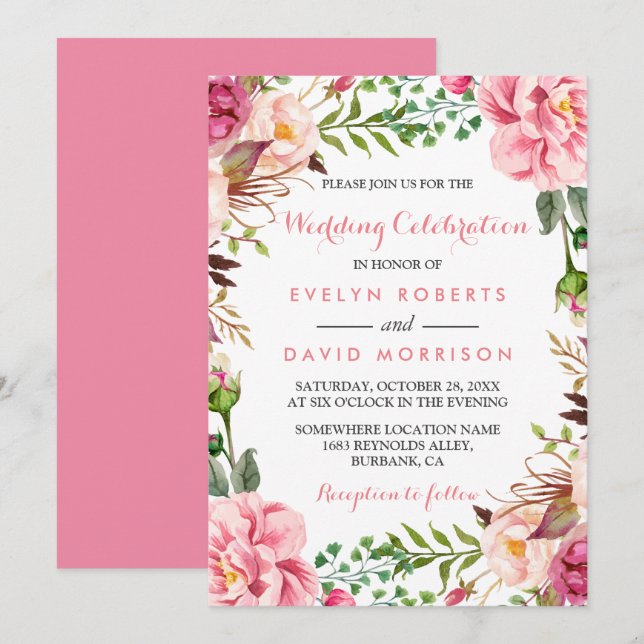Romantic Pink Floral Wreath Wrap Formal Wedding Invitation (Front/Back)