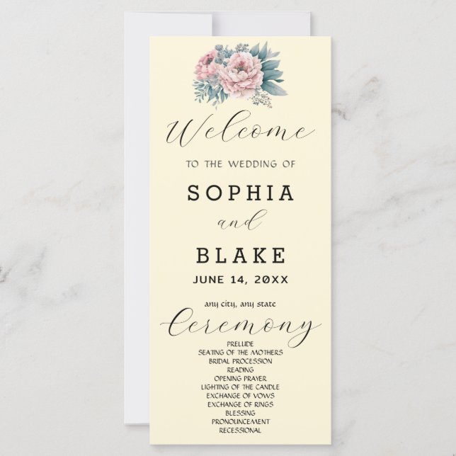 Romantic Pink Floral Yellow Wedding Program (Front)