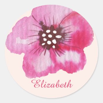 Romantic Pink Flower Watercolor Customizable Classic Round Sticker by DesignByLang at Zazzle
