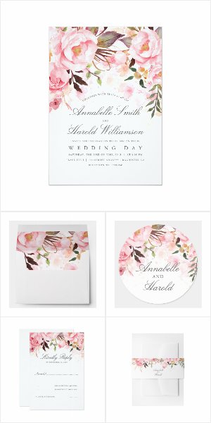 Romantic Pink Flowers Wedding Invitation Set