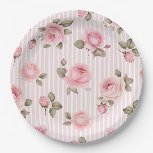 Romantic Pink Flowers Bridal Shower Paper Plates (Front)