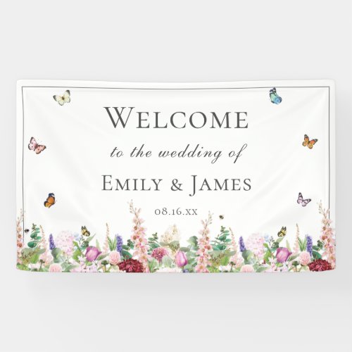 Romantic Pink Flowers  Butterflies Wedding Banner