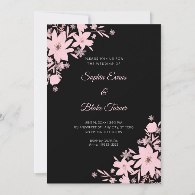 Romantic Pink Flowers Floral Black Wedding Invitation (Front)
