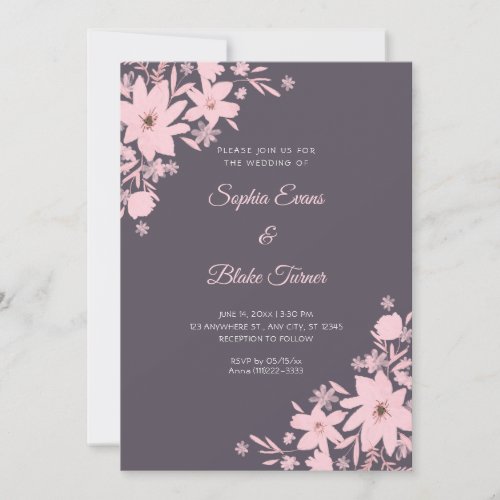 Romantic Pink Flowers Floral Smoke Gray Wedding Invitation