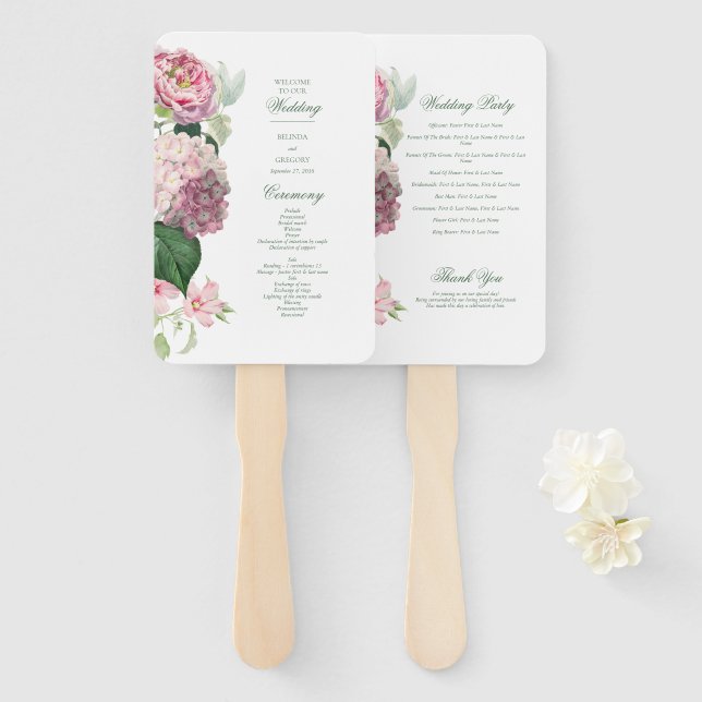 Romantic Pink Flowers Garden Wedding Program Hand Fan (Front and Back)