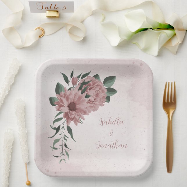 romantic pink flowers & green leaves paper plates (Wedding)
