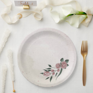  romantic pink flowers green leaves paper plates