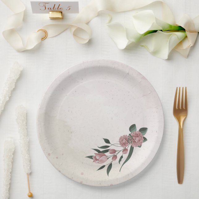  romantic pink flowers green leaves paper plates (Wedding)