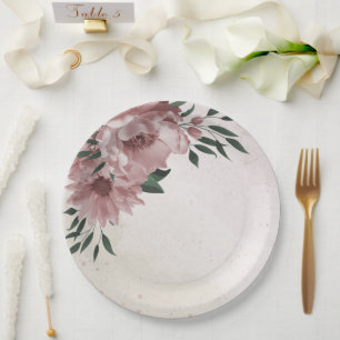 romantic pink flowers green leaves paper plates