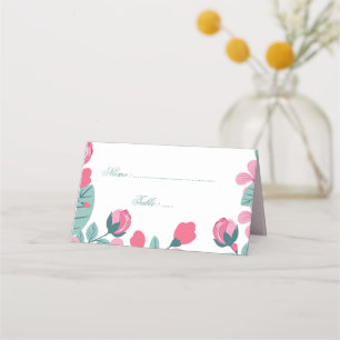 Romantic pink flowers & green leaves place card
