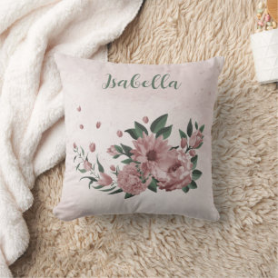 Romantic pink flowers & green leaves throw pillow