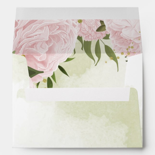 Romantic pink flowers green leaves wedding envelope (Back (Bottom))
