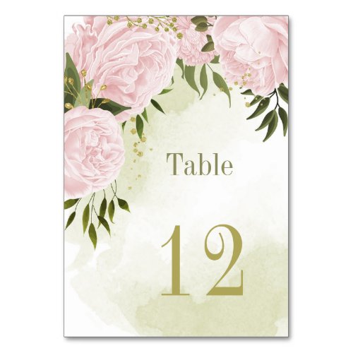 Romantic pink flowers greenery botanical table number