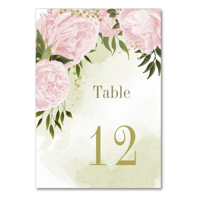 Romantic pink flowers greenery botanical table number (Front)