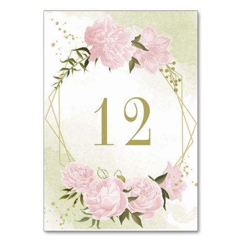 Romantic pink flowers greenery gold geometric table number