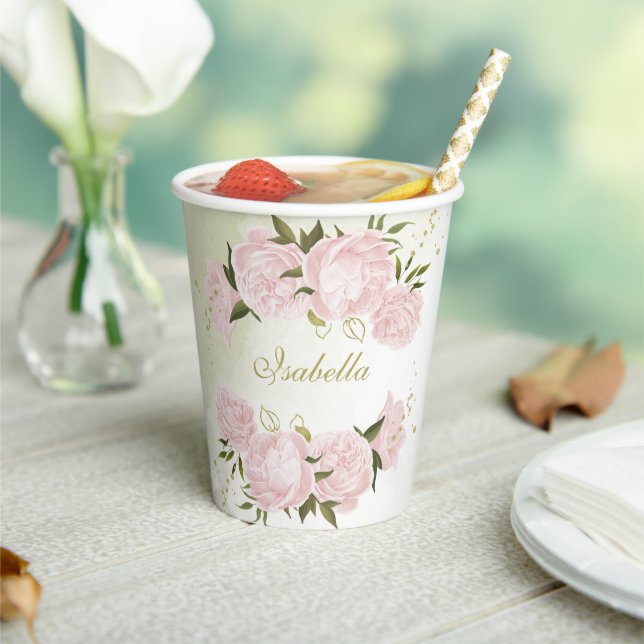 romantic pink flowers greenery paper cups (Insitu)