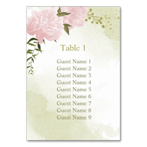Romantic pink flowers greenery seating chart table number