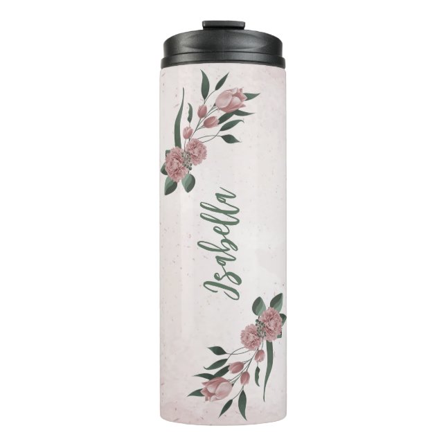 romantic pink flowers greenery thermal tumbler (Front)