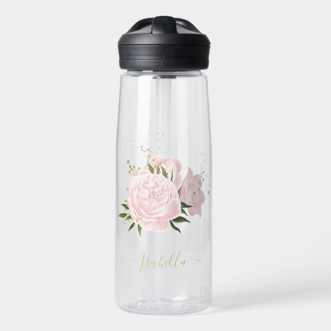 romantic pink flowers greenery water bottle (Front)