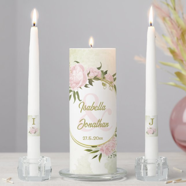 romantic pink flowers greenery wedding unity candle set (In Situ)