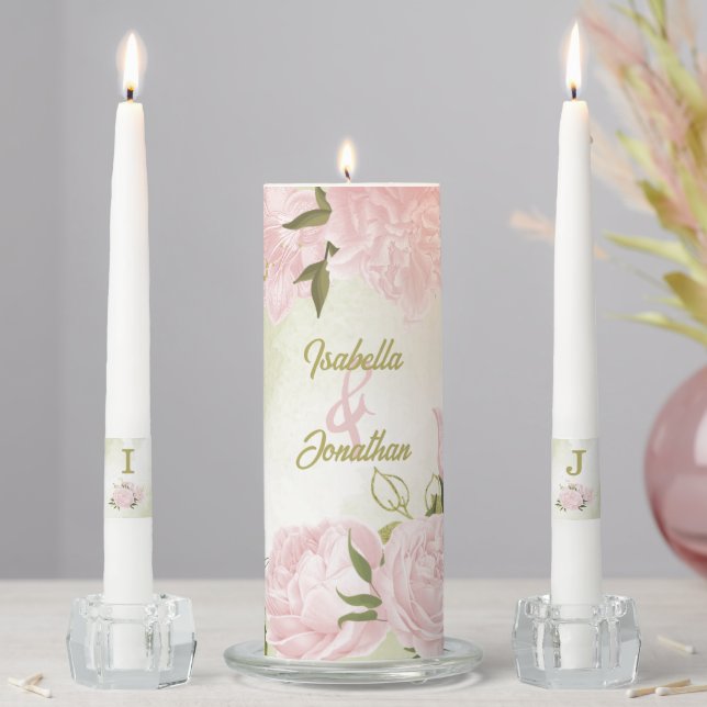 romantic pink flowers greenery wedding unity candle set (In Situ)