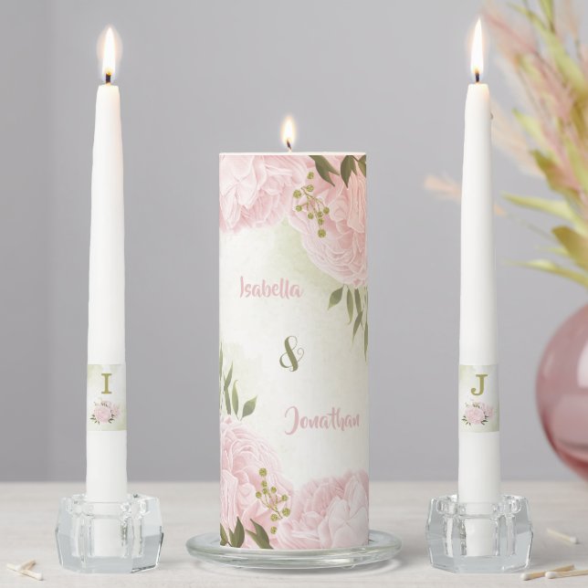 romantic pink flowers greenery wedding unity candle set (In Situ)