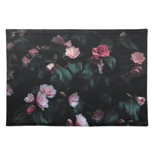 Romantic Pink Flowers on Dark Background Cloth Placemat