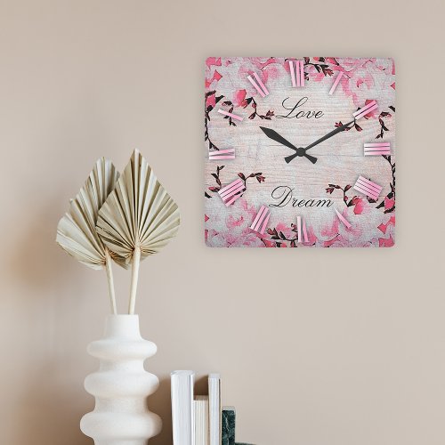 Romantic Pink Flowers On Rustic Wood Country Chic  Square Wall Clock