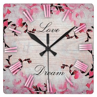 Romantic Pink Flowers On Rustic Wood Country Chic  Square Wall Clock