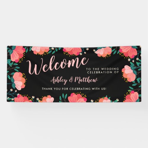 Romantic Pink Flowers Wedding Welcome Banner