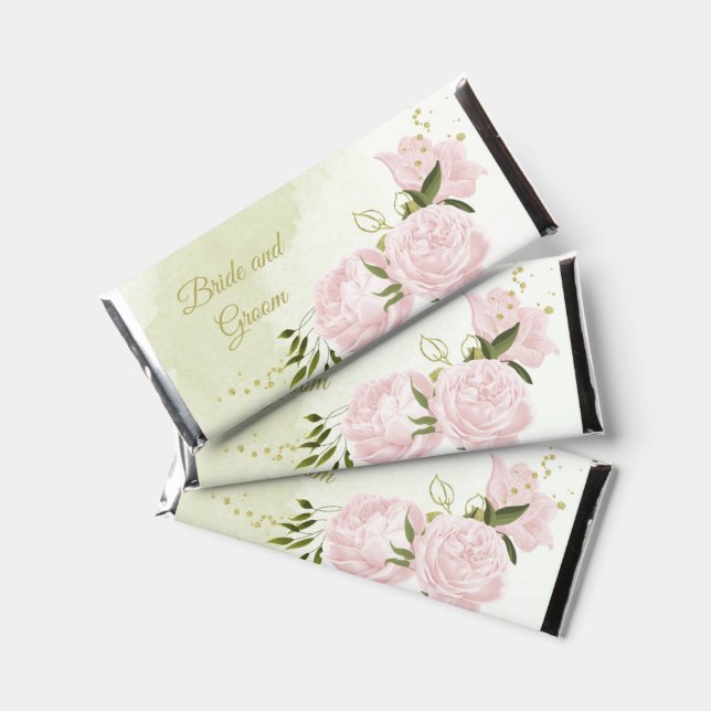 romantic pink flowers with green leaves wedding hershey bar favors (Front)