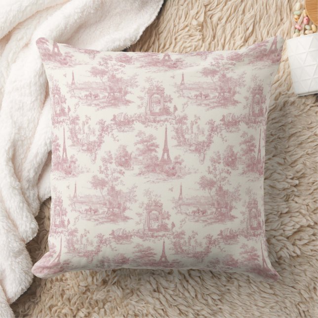 Romantic Pink French Toile Countryside Pattern (3) Throw Pillow (Blanket)