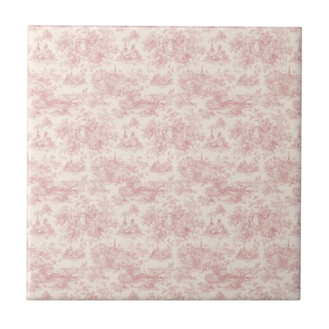 Romantic Pink French Toile Countryside Pattern (4) Ceramic Tile (Front)