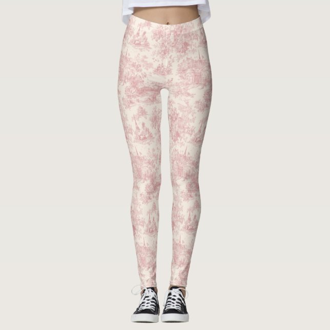 Romantic Pink French Toile Countryside Pattern (4) Leggings (Front)