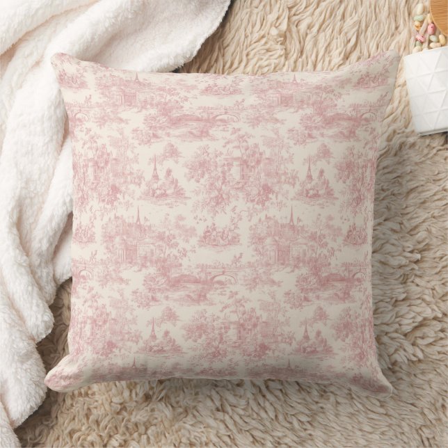 Romantic Pink French Toile Countryside Pattern (4) Throw Pillow (Blanket)