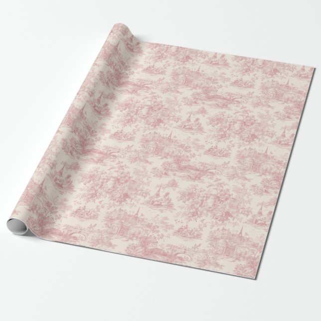 Romantic Pink French Toile Countryside Pattern (4) Wrapping Paper (Unrolled)