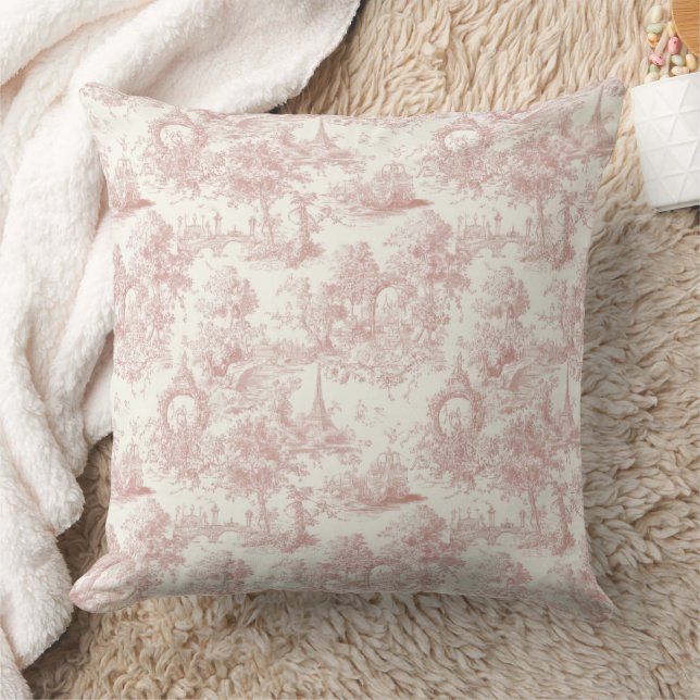 Romantic Pink French Toile Countryside Pattern (5) Throw Pillow (Blanket)