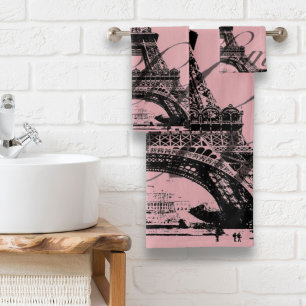 romantic pink french vintage paris eiffel tower bath towel set