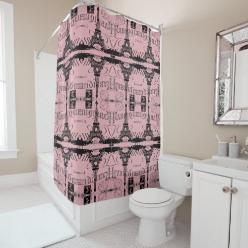 romantic pink french vintage paris eiffel tower shower curtain