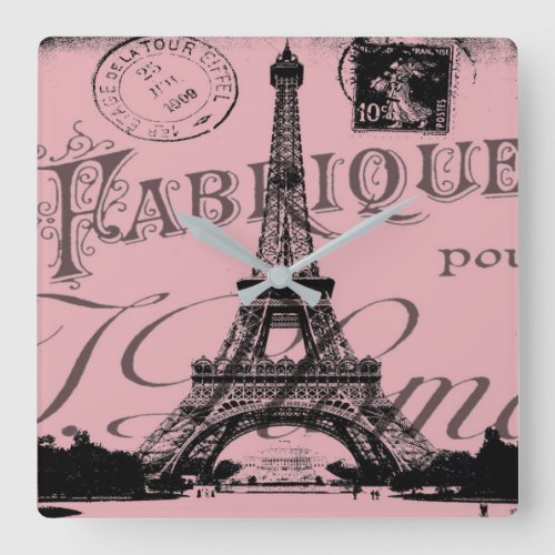 romantic pink french vintage paris eiffel tower square wall clock