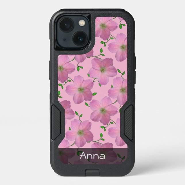 Romantic Pink Garden Flowers Pattern any Text Otterbox iPhone Case (Back)