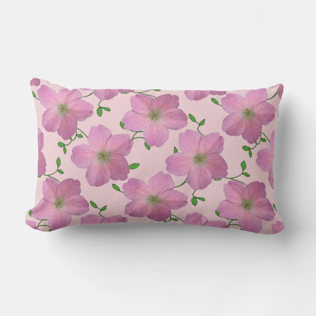 Romantic Pink Geranium Flower on any Color Lumbar Pillow (Front)