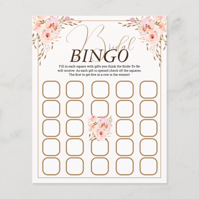 Romantic Pink & Gold Floral Bridal Bingo Game (Back)
