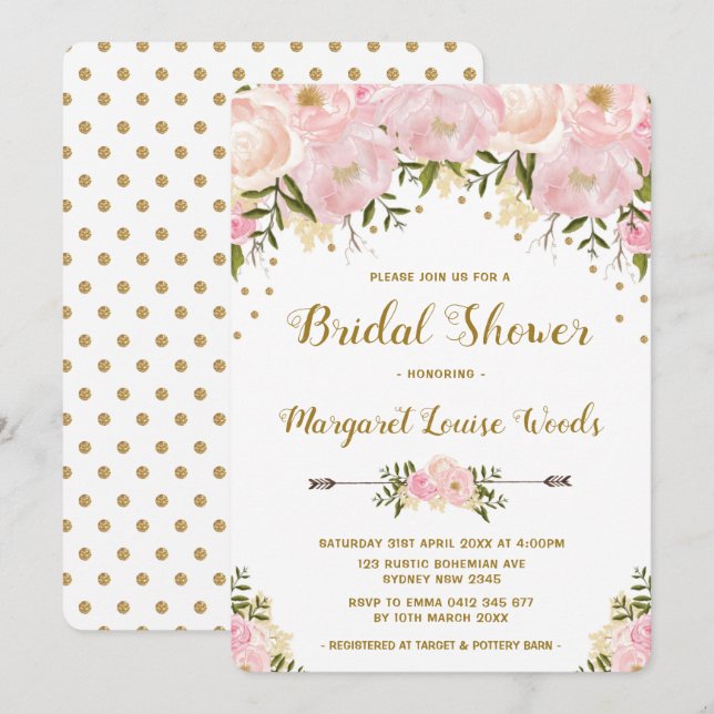 Romantic Pink & Gold Floral Bridal Shower Invite (Front/Back)