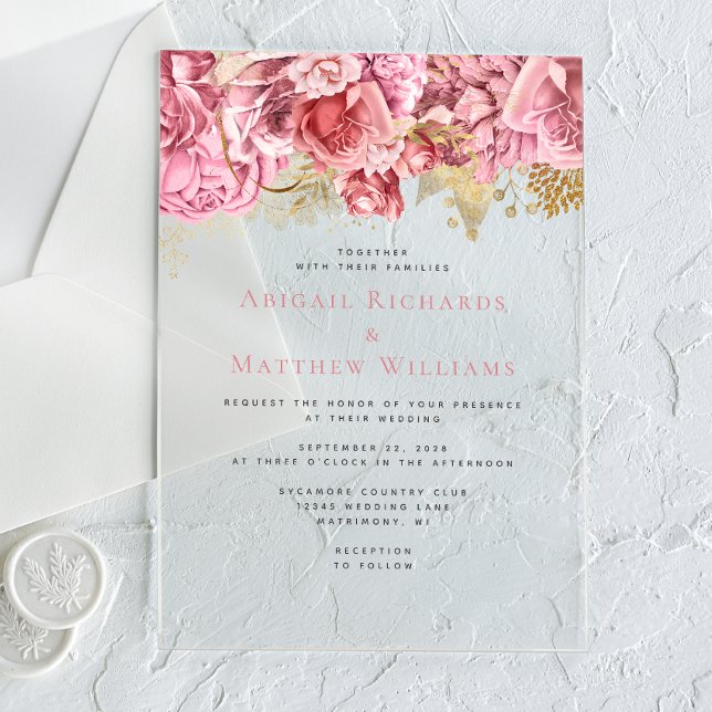 Romantic Pink Gold Floral Wedding Acrylic Invitations (Creator Uploaded)