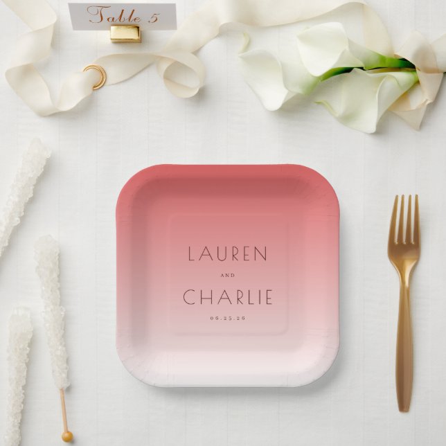 Romantic Pink Gradient Names Paper Plates (Wedding)
