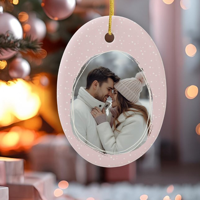 Romantic Pink Hand Drawn Rustic Frame Photo Ceramic Ornament (Rustic hand drawn pink snow photo oval ceramic Christmas ornament)